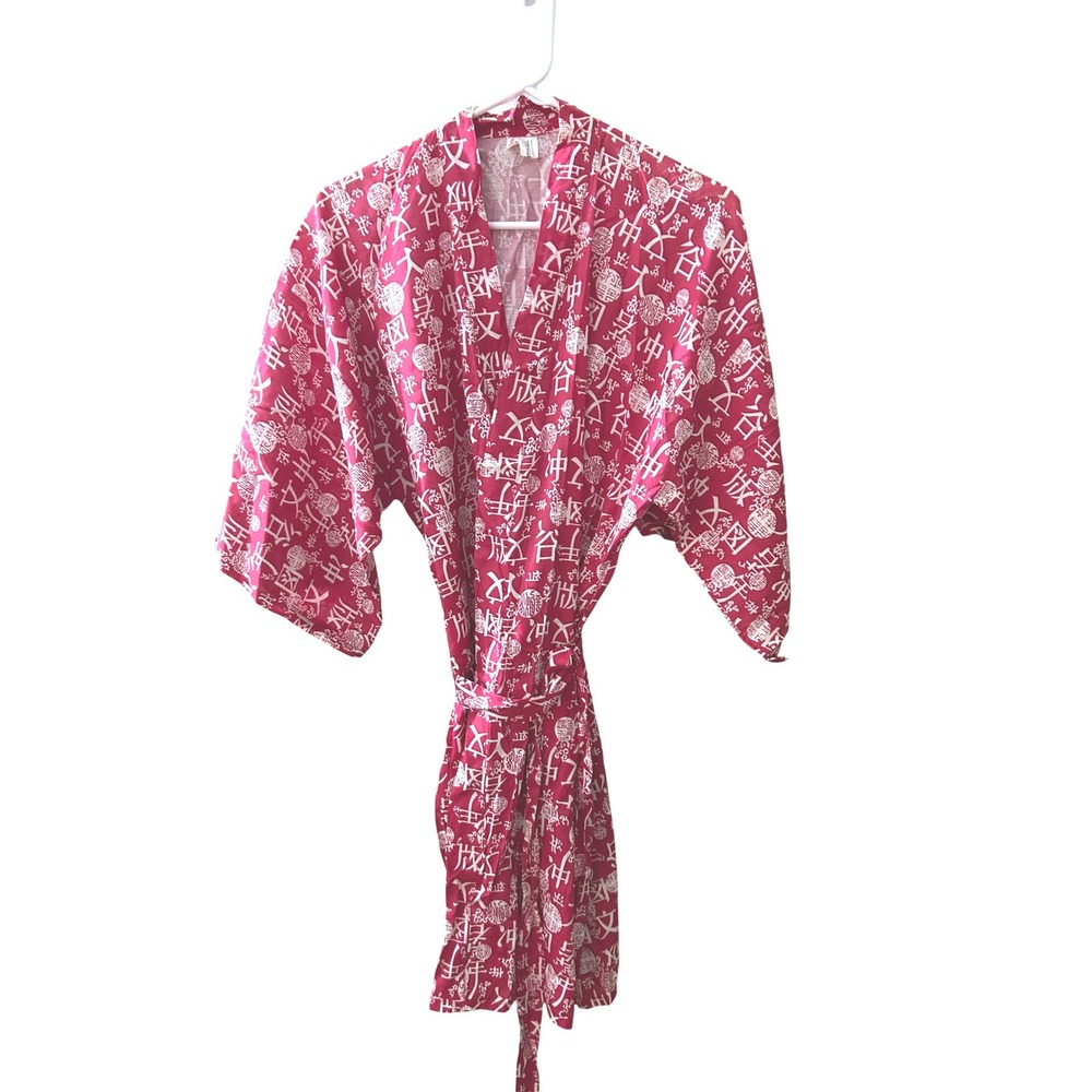 Vintage Red Chinese Character Print Rayon Kimono Robe Small/M Made in Hong Kong